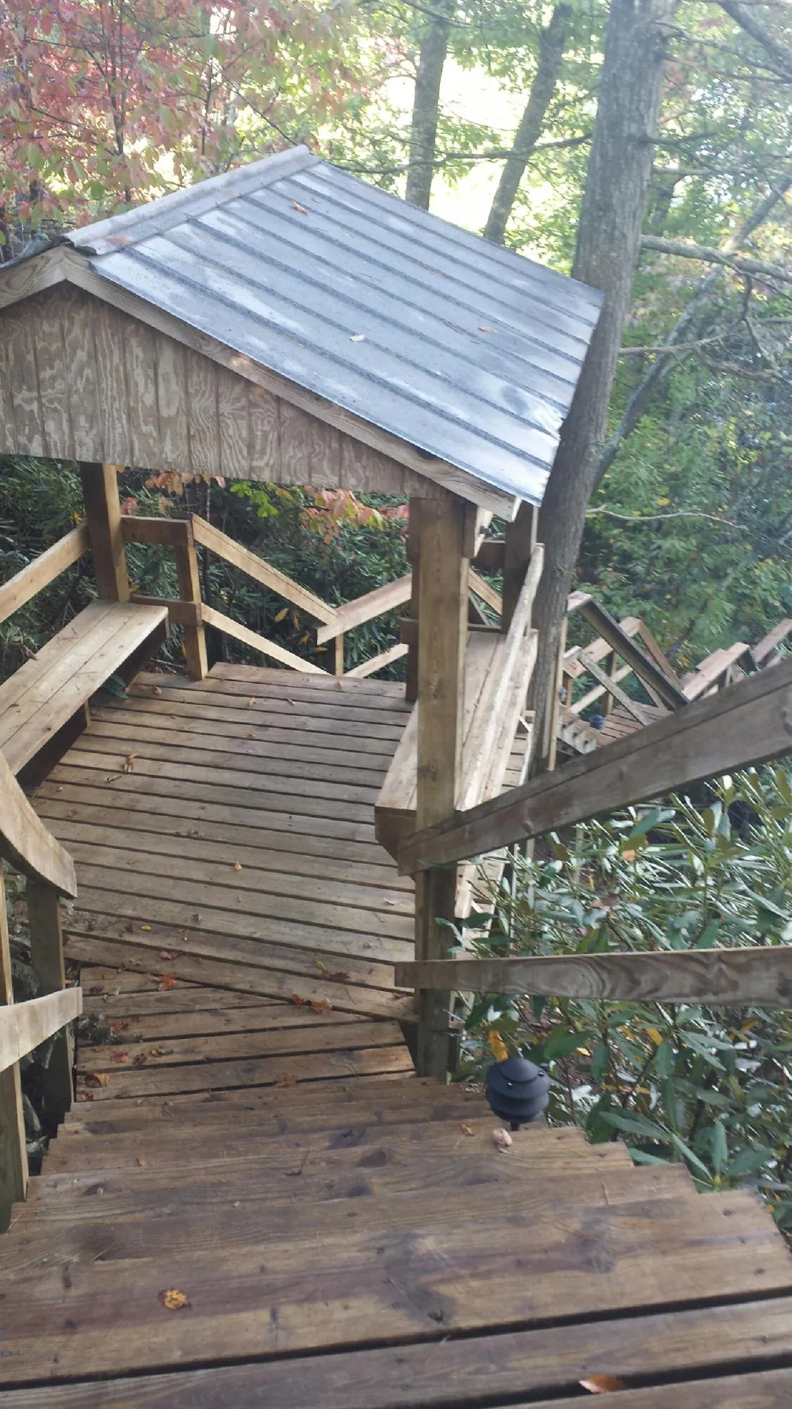Metal roofed shelter over wooden steps on a wooded walkway — Skylight Repair & Installation work by our crew in Story City